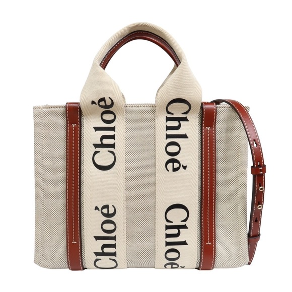 Chloe Woody Small Tote Bag Cotton Calf Leather Brown White - Picture 1 of 10